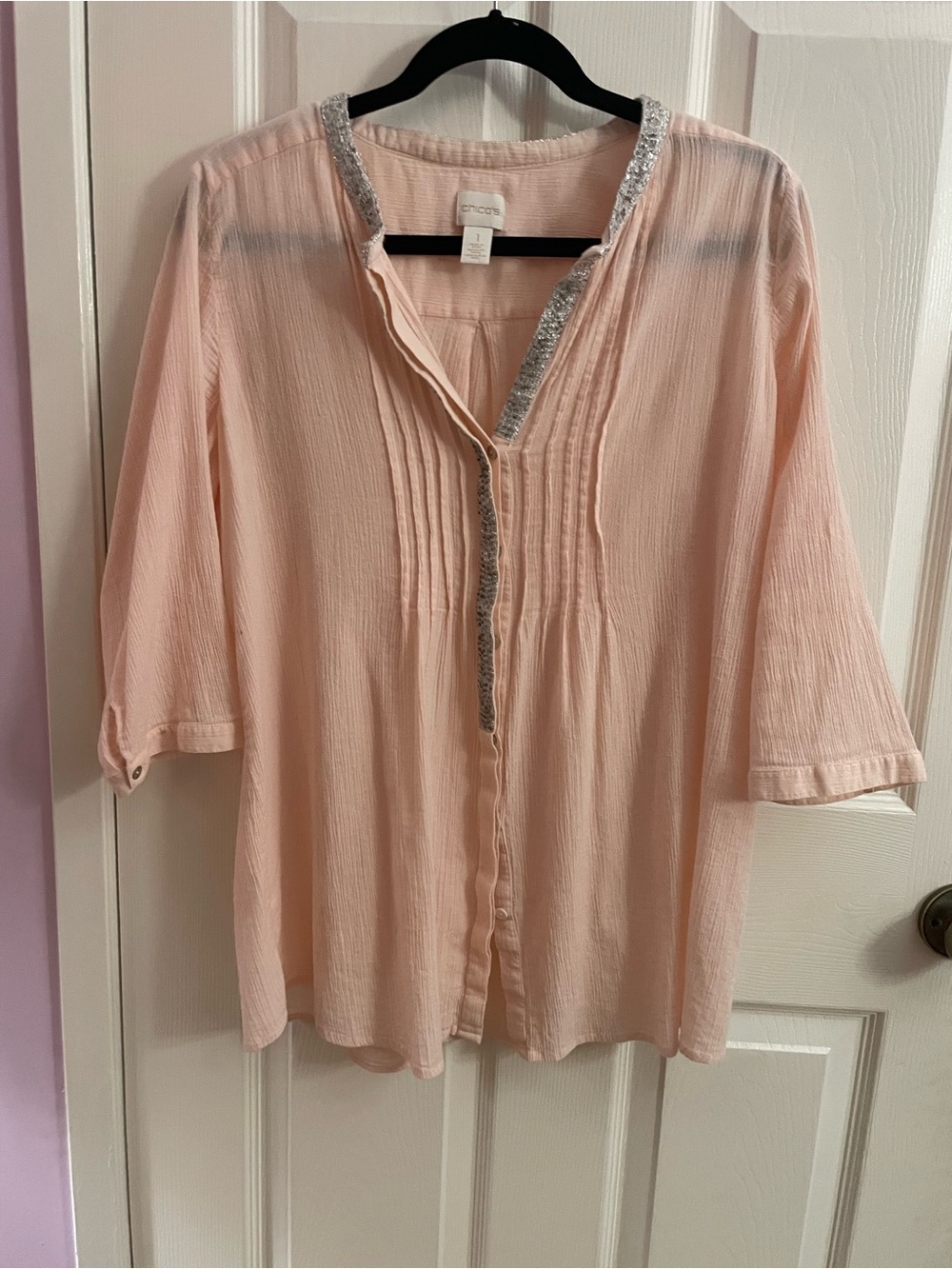 Chico's Peach Sequin-Trim Pintuck Blouse